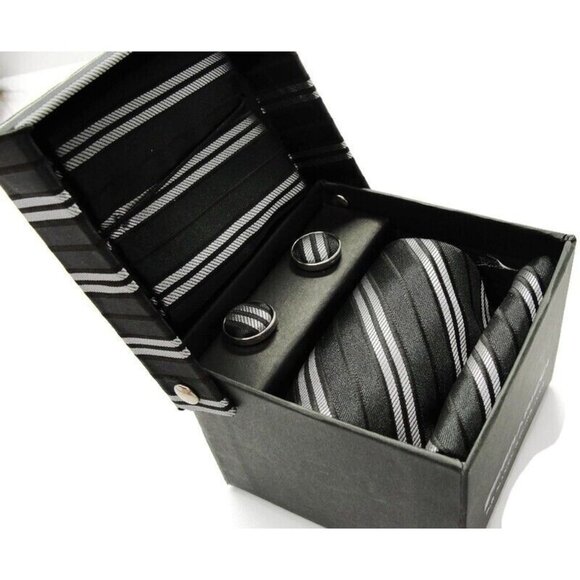 Feraricci Tie, Hanky & Cufflinks Matching Set Silver Tone Wedding Formal Tux IOB - Picture 5 of 7